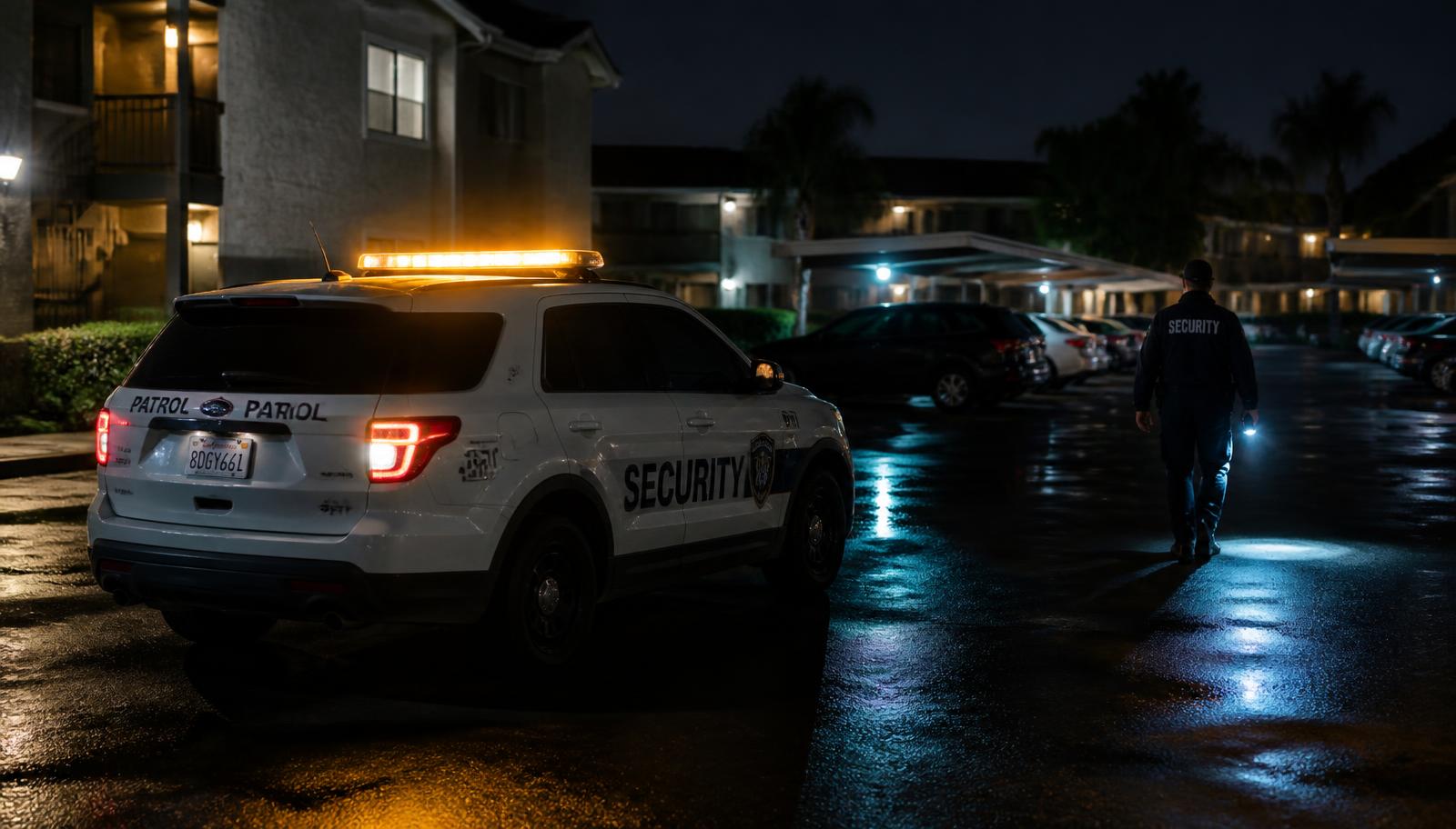 Marked security patrol vehicle and officer on apartment patrol at night in Sacramento